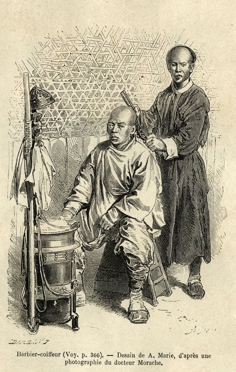 Ein wandernder Barbier bei der Arbeit, eine Bank und eine zylindrische Holzkiste mit Fächern und eine Schüssel bilden seine Reiseausrüstung. Gravur nach der Zeichnung von A. Marie, zur Illustration der Reise nach Peking und Nordchina, von T. Choutze, 1873, von Adrien Emmanuel Marie