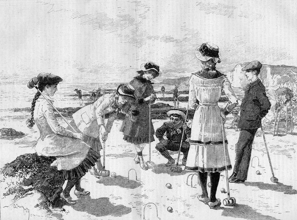 Kinder spielen Krocket am Strand. Gravur von Adrien Marie in „Le Monde Illustré“ Nr. 1277 vom 17. September 1881 von Adrien Emmanuel Marie