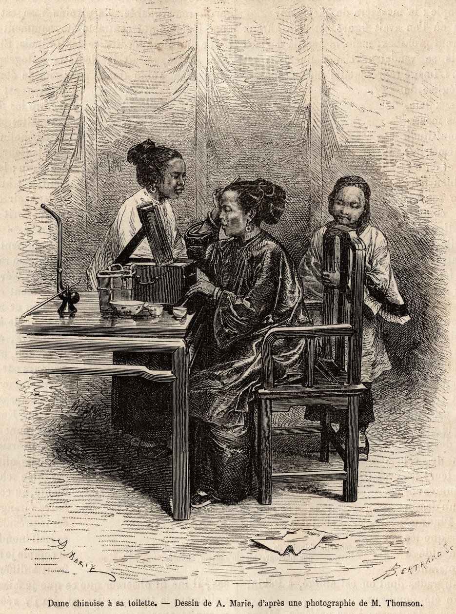 Chinesische Dame bei ihrer Toilette. Gravur nach einer Zeichnung von A. Marie, um die Reise nach Peking und Nordchina von T. Choutze in 1873 zu illustrieren, veröffentlicht in "Le tour du monde" 1876, herausgegeben von Edouard Charton, Hachette-Ausgabe, Pa von Adrien Emmanuel Marie