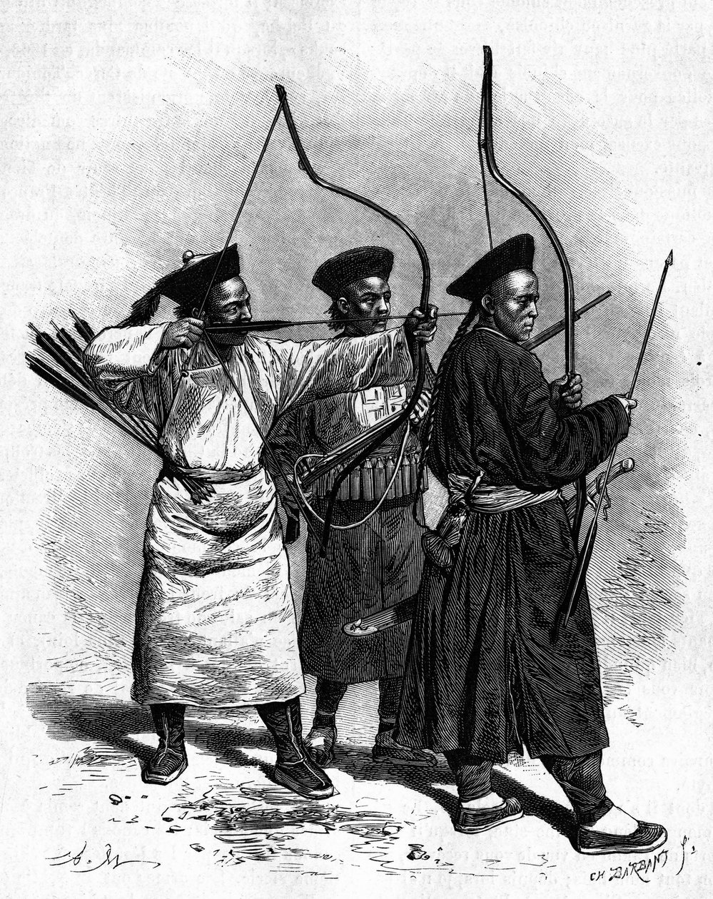 Porträts von drei chinesischen Bogenschützen in traditioneller Tracht, in den 1870er Jahren. Gravur nach einer Zeichnung von Marie, nach einem Foto von Thomson, in „Le Tour du Monde, Nouveau journal des Voyages“, herausgegeben von Edouard Charton, Paris von Adrien Emmanuel Marie