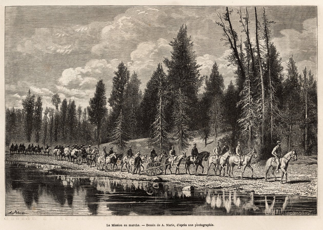 Die gesamte geografische Mission, auf dem Weg zum Mount Hayden, entlang des Henri River, graviert nach der Zeichnung von A. Marie, zur Illustration einer Reihe geografischer Missionen durch den Nationalpark der Vereinigten Staaten, von 1870 bis 1872, von M von Adrien Emmanuel Marie