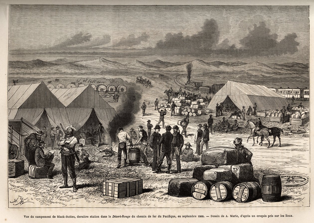 Ansicht des Black Buttes Camps, letzte Station in der roten Wüste (Mojave-Wüste) der Pazifik-Eisenbahn, im September 1868, Gravur nach der Zeichnung von A. Marie, zur Illustration der Reise von Washington nach San Francisco, 1868, von L. Simonin, veröffent von Adrien Emmanuel Marie
