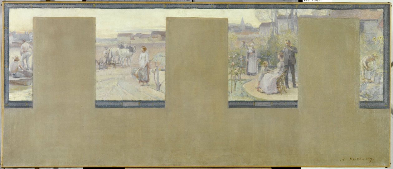 Skizze für das Rathaus von Nogent-sur-Marne: Das Rudern - das Pflügen - die Sommerfrische - die Gartenarbeit, 1889 von Adrien Karbowsky