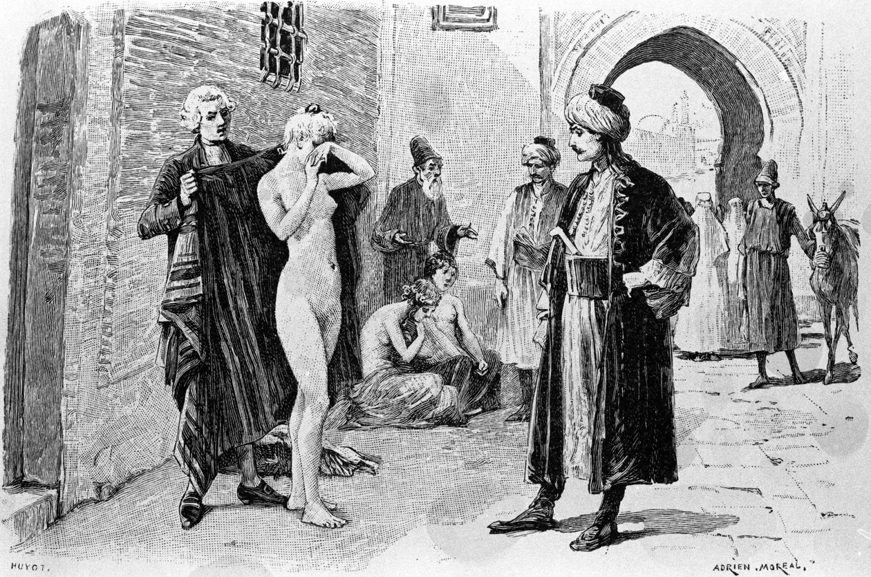 Gravur von Adrien Moreau, die „Candide“ von Voltaire illustriert von Adrien Moreau
