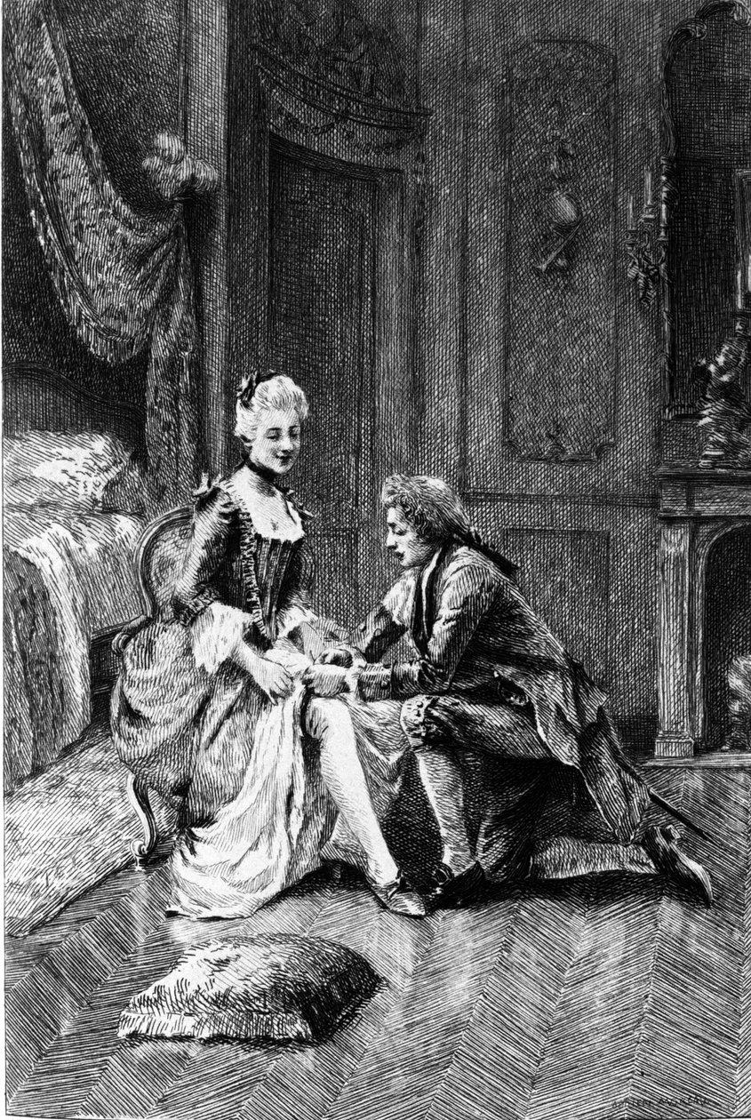 Gravur von Adrien Moreau, die „Candide“ von Voltaire illustriert von Adrien Moreau