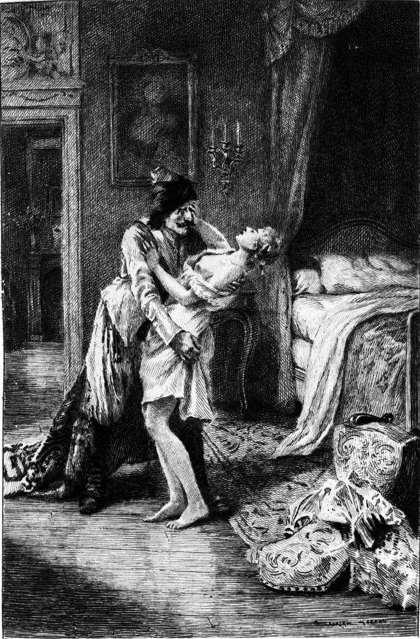Gravur von Adrien Moreau (1843-1906) illustriert „Candide“ von Francois Marie Arouet dit Voltaire (1694-1778). von Adrien Moreau