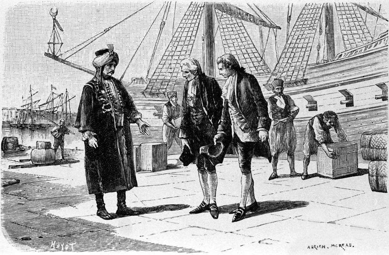 Gravur von Adrien Moreau (1843-1906), die „Candide“ von Francois Marie Arouet, genannt Voltaire (1694-1778), illustriert von Adrien Moreau