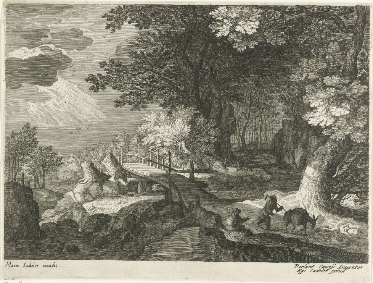 Holzbrücke in einer Waldlandschaft von Egidius  Sadeler (II)