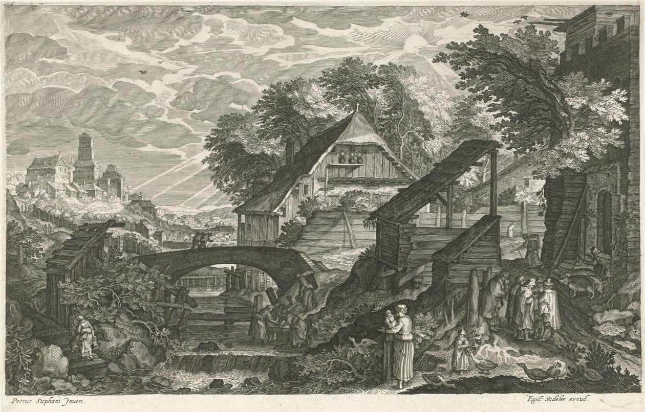 Häuser neben einem Fluss (Acht Landschaften in Böhmen) von Egidius  Sadeler (II)