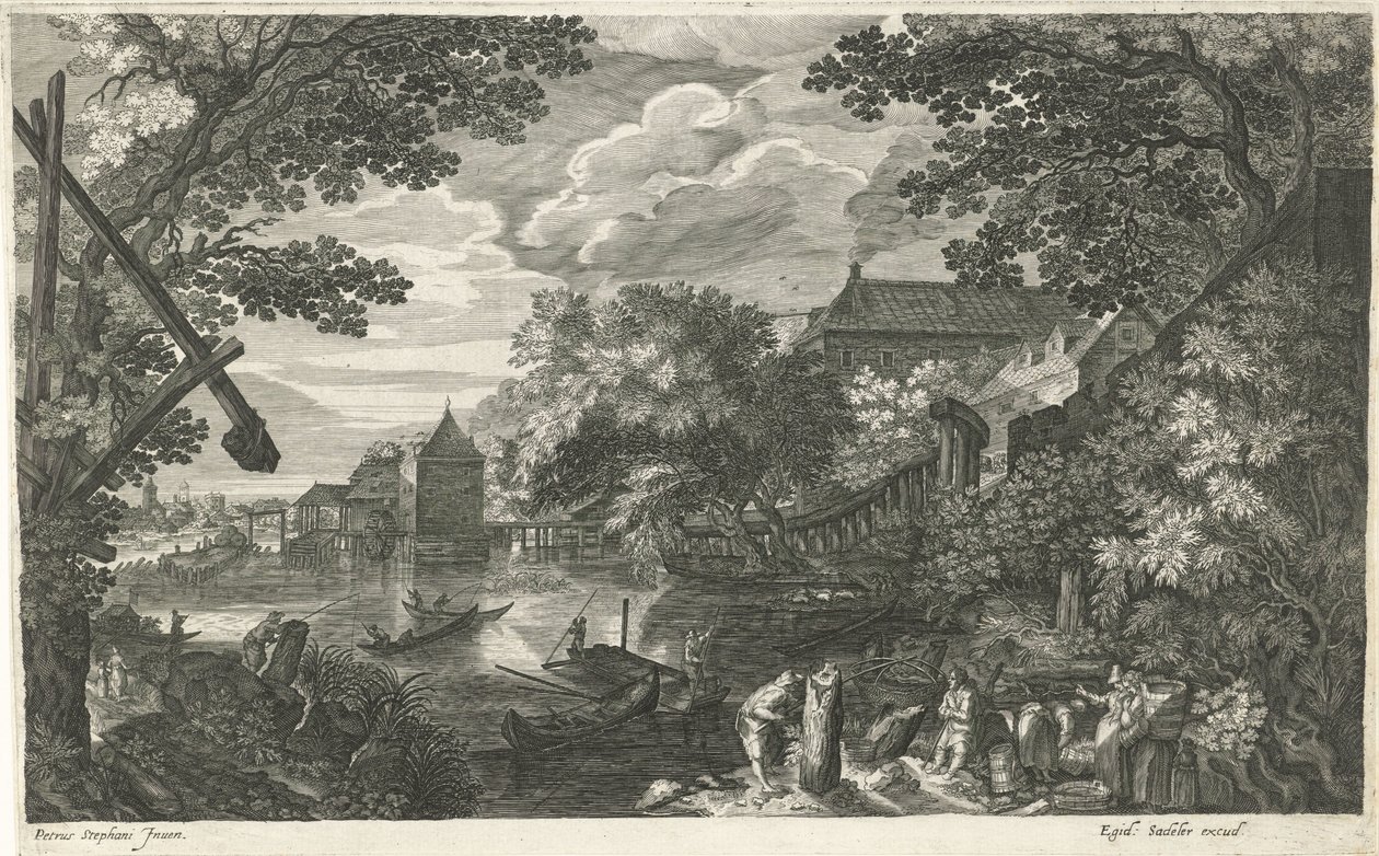 Flusslandschaft mit Fischern und Arbeitern (Acht Landschaften in Böhmen) von Egidius  Sadeler (II)