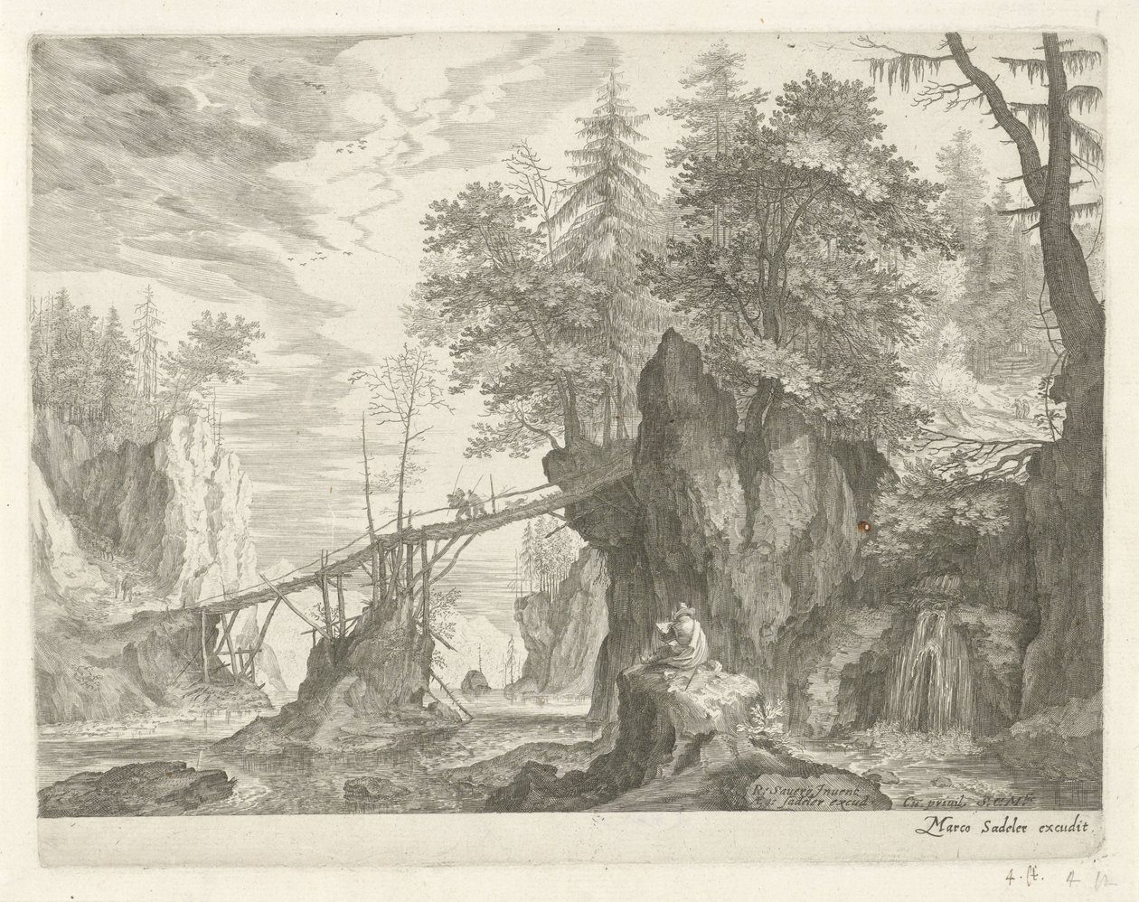 Zeichner, der auf einem Stein vor einer Brücke sitzt von Egidius  Sadeler (II)