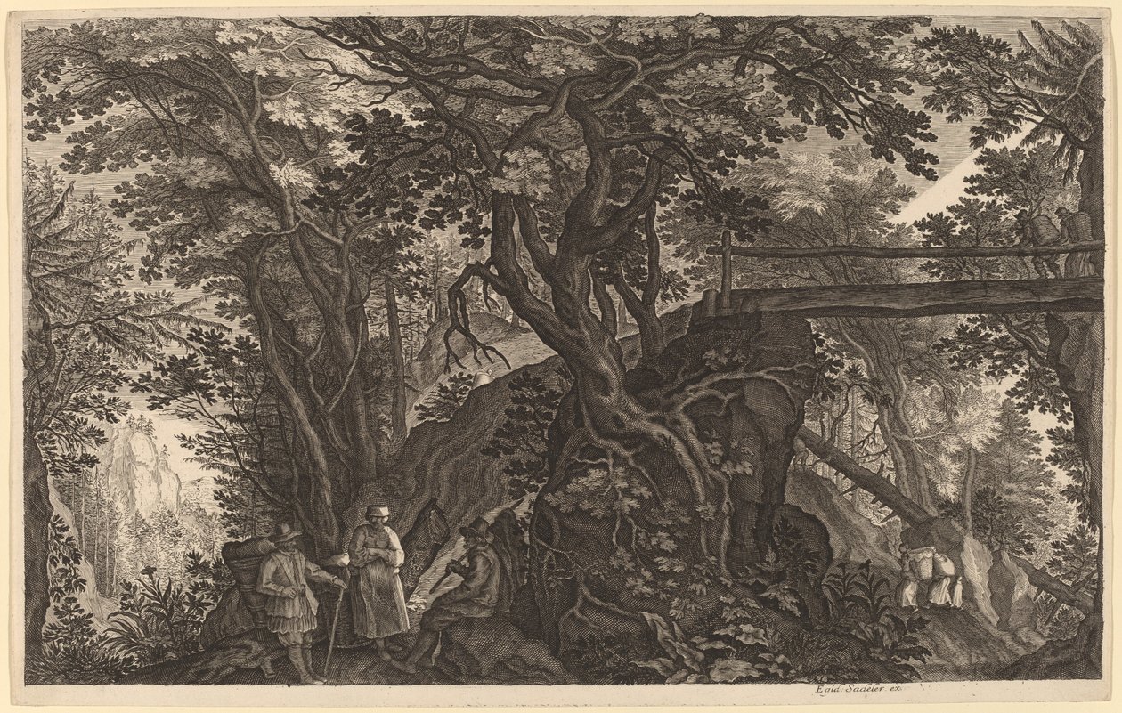 Waldlandschaft mit zwei Männern und einer Frau, die sich in der Nähe einer Brücke ausruhen von Aegidius Sadeler II after Pieter Stevens