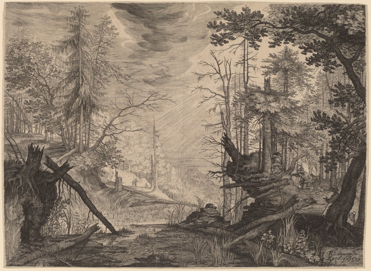 Drei Jäger und zwei Hunde in der Nähe eines Teiches von Aegidius Sadeler II after Roelandt Savery