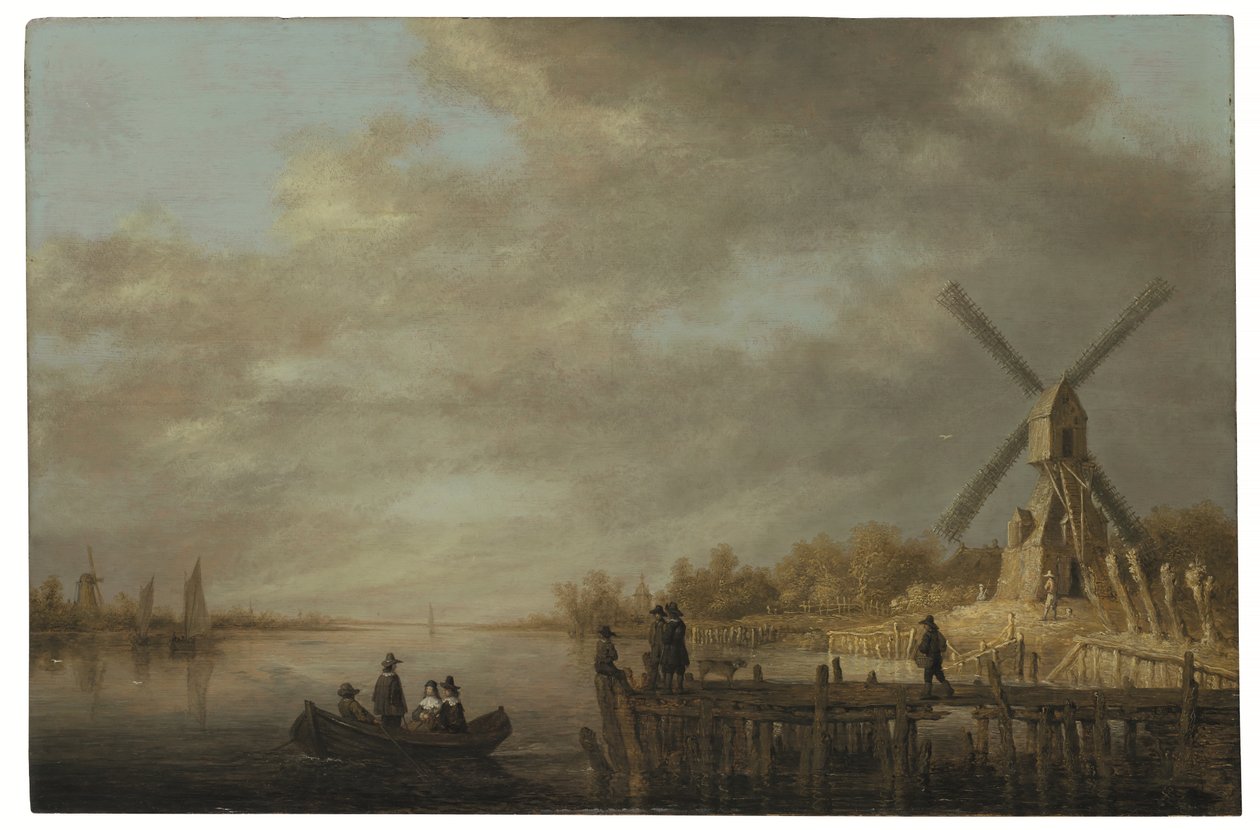 Eine Flusslandschaft mit einer Windmühle und vornehmen Leuten in einem Ruderboot und auf einem Steg im Vordergrund von Aelbert Cuyp
