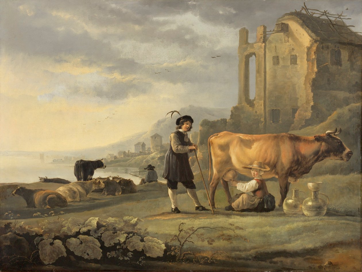 Landschaft mit Magd, die eine Kuh melkt von Aelbert Cuyp