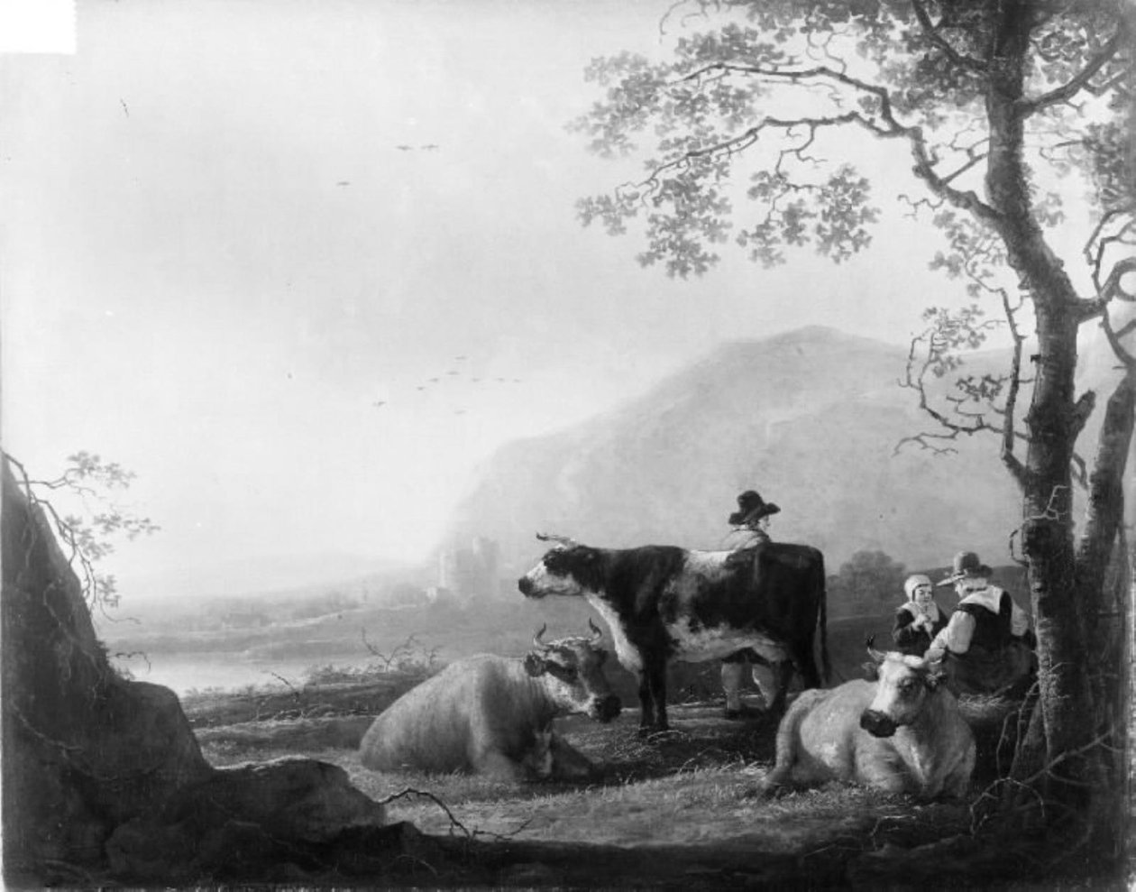 Landschaft mit drei Kühen und Hirten von Aelbert Cuyp