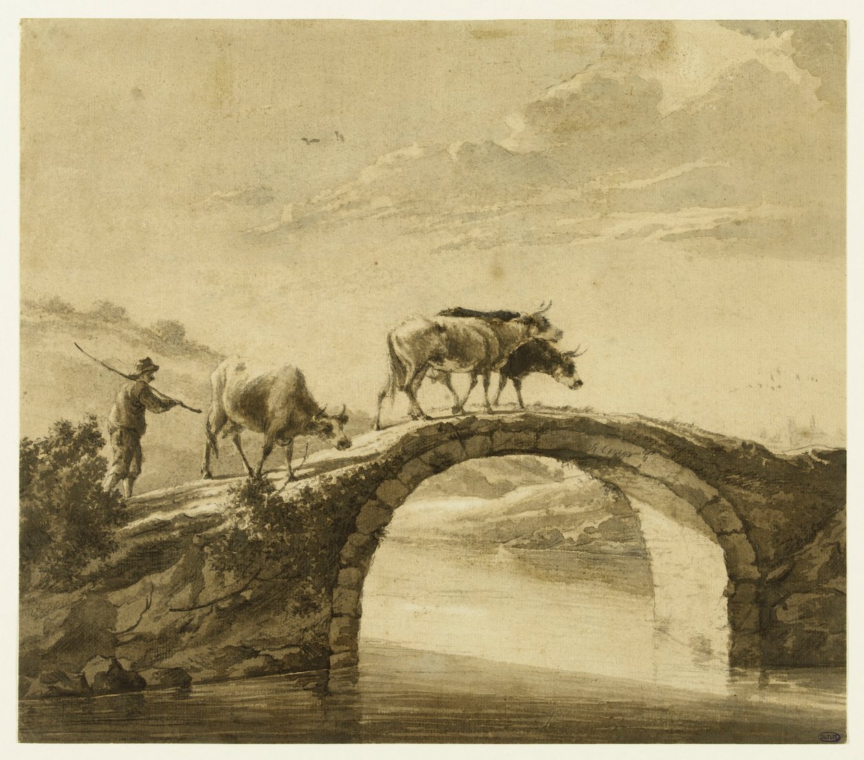 Drei Kühe auf einer Brücke von Aelbert Cuyp