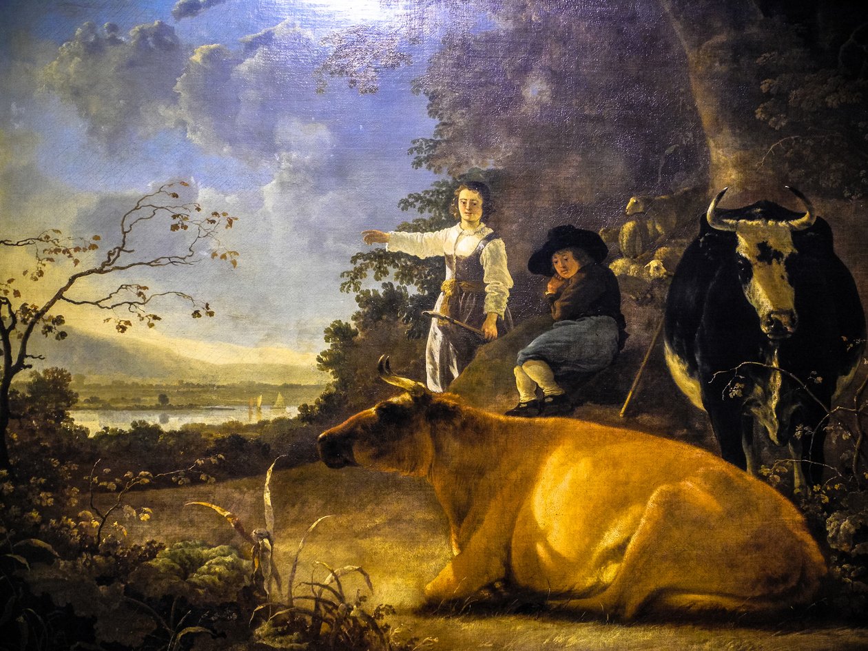 Zwei Kühe mit einem Hirten und einer Hirtin von Aelbert Cuyp