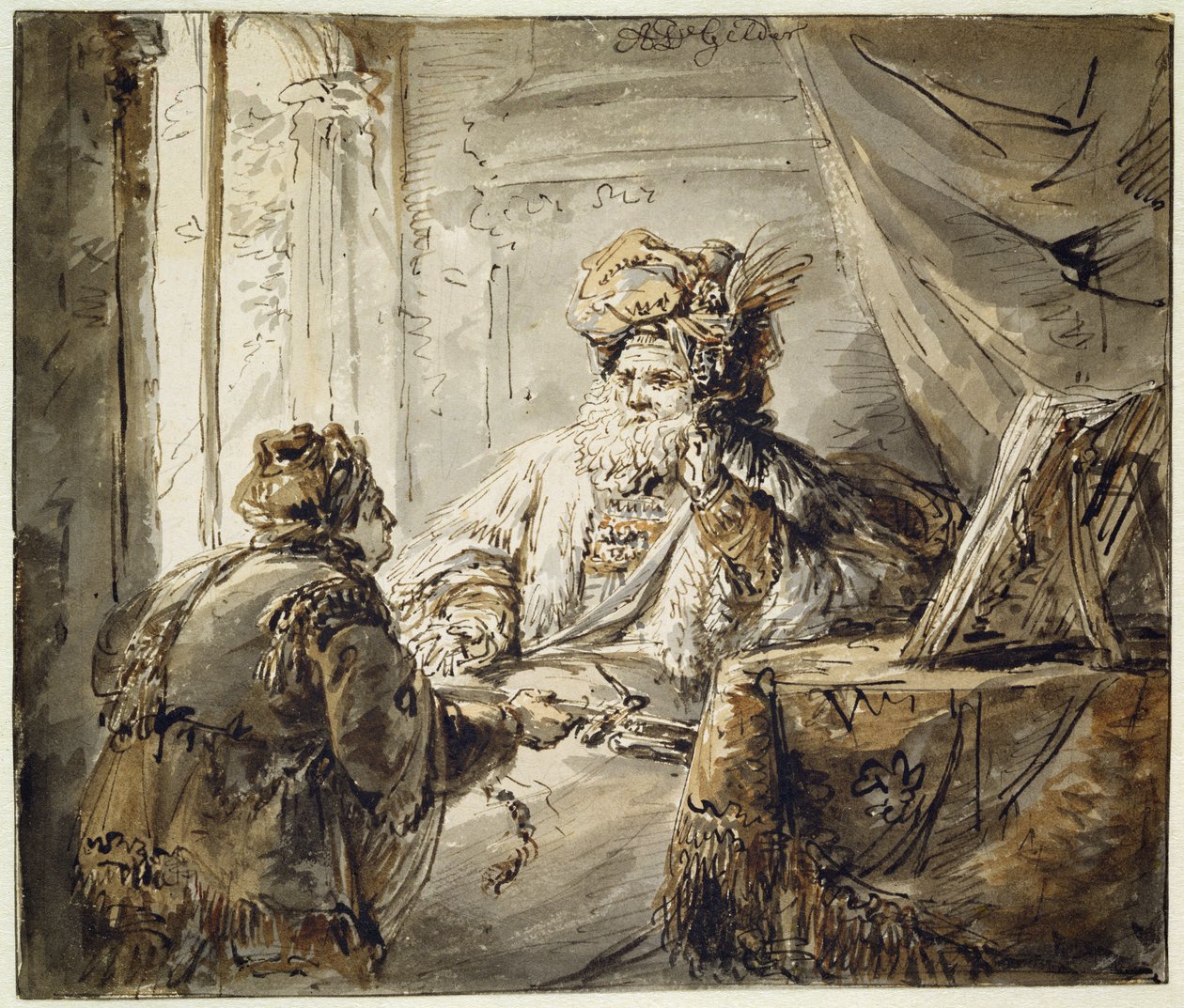 Ein orientalischer Prinz, dem der Mann ein Schwert überreicht von Aernt de Gelder