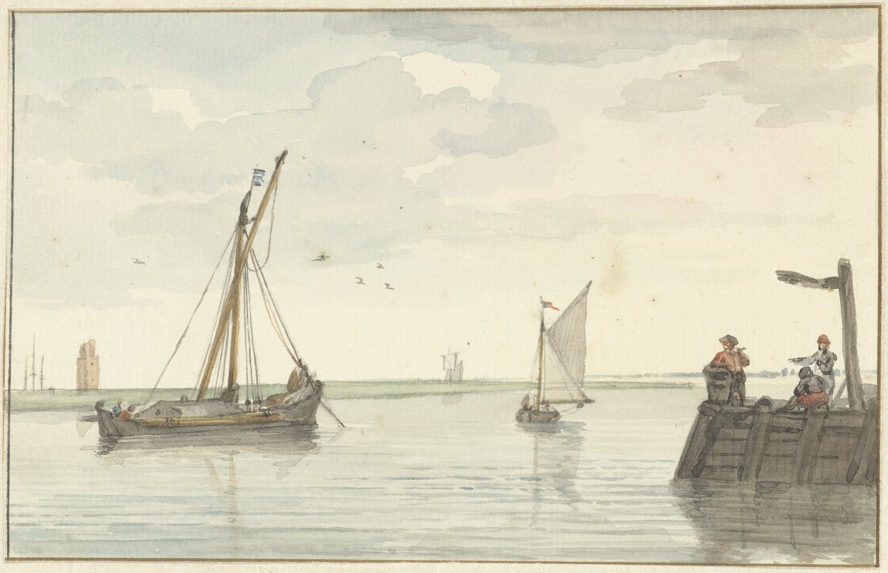 Der steinerne Leuchtturm und die Hafenmole von Durgerdam von Aert Schouman
