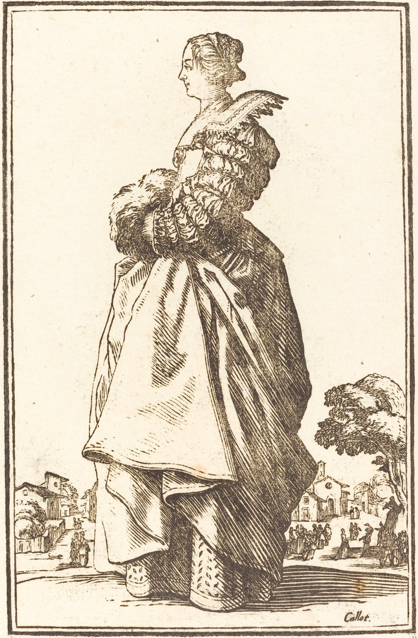 Edle Frau im Profil mit Händen in einem Muff von After Jacques Callot