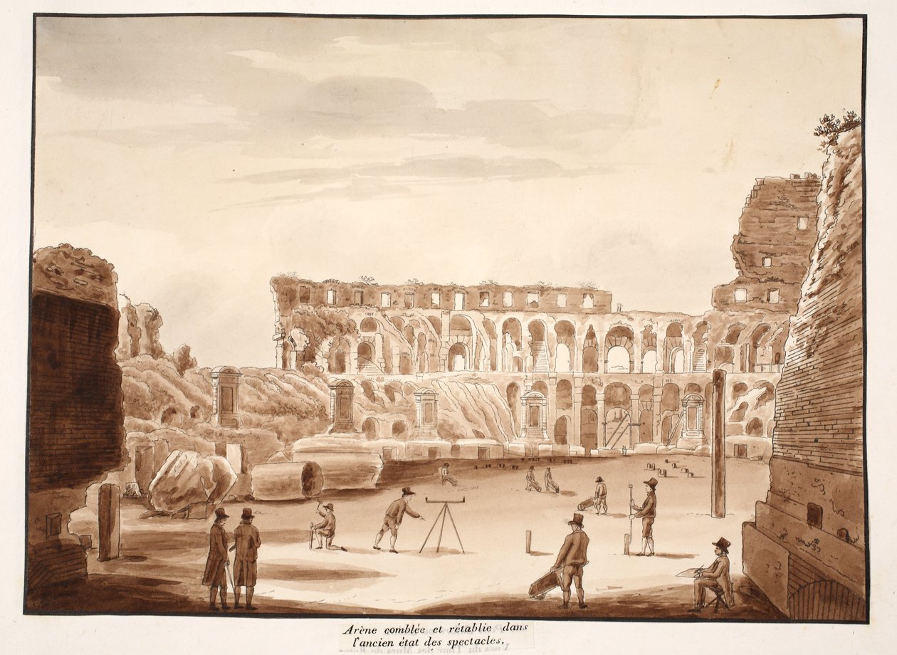 Die Arena des Kolosseums gefüllt und in ihren ursprünglichen Zustand versetzt, 1833 (Radierung mit brauner Waschung) von Agostino Tofanelli