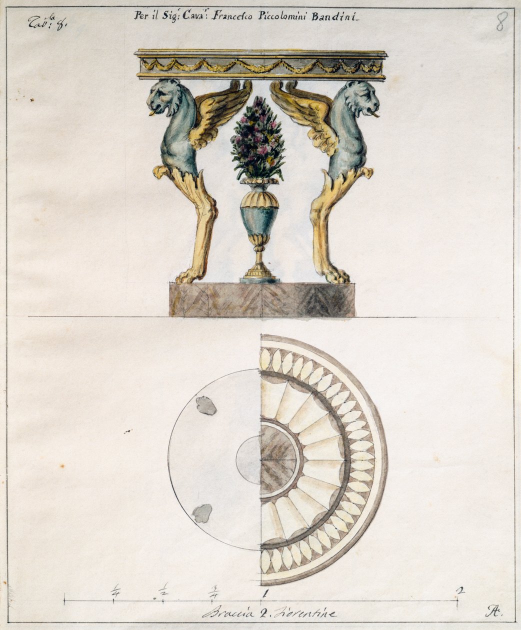 Kaffeetisch entworfen von Agostino Fantastici für Francesco Piccolomini Bandini, Zeichnung, Italien von Agostino Fantastici
