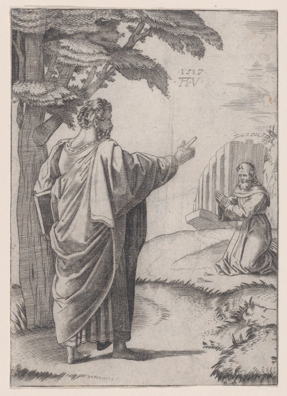 Heiliger Paulus und der Franziskanermönch, datiert 1517 von Agostino Veneziano