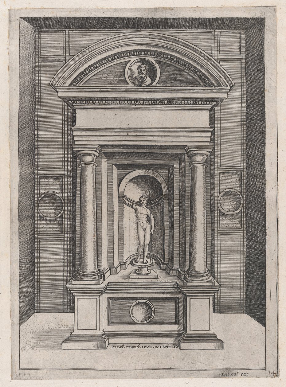 Speculum Romanae Magnificentiae: Der Altar des Jupiter im ältesten Tempel auf dem C..., ca. 1514-36 von Agostino Veneziano.