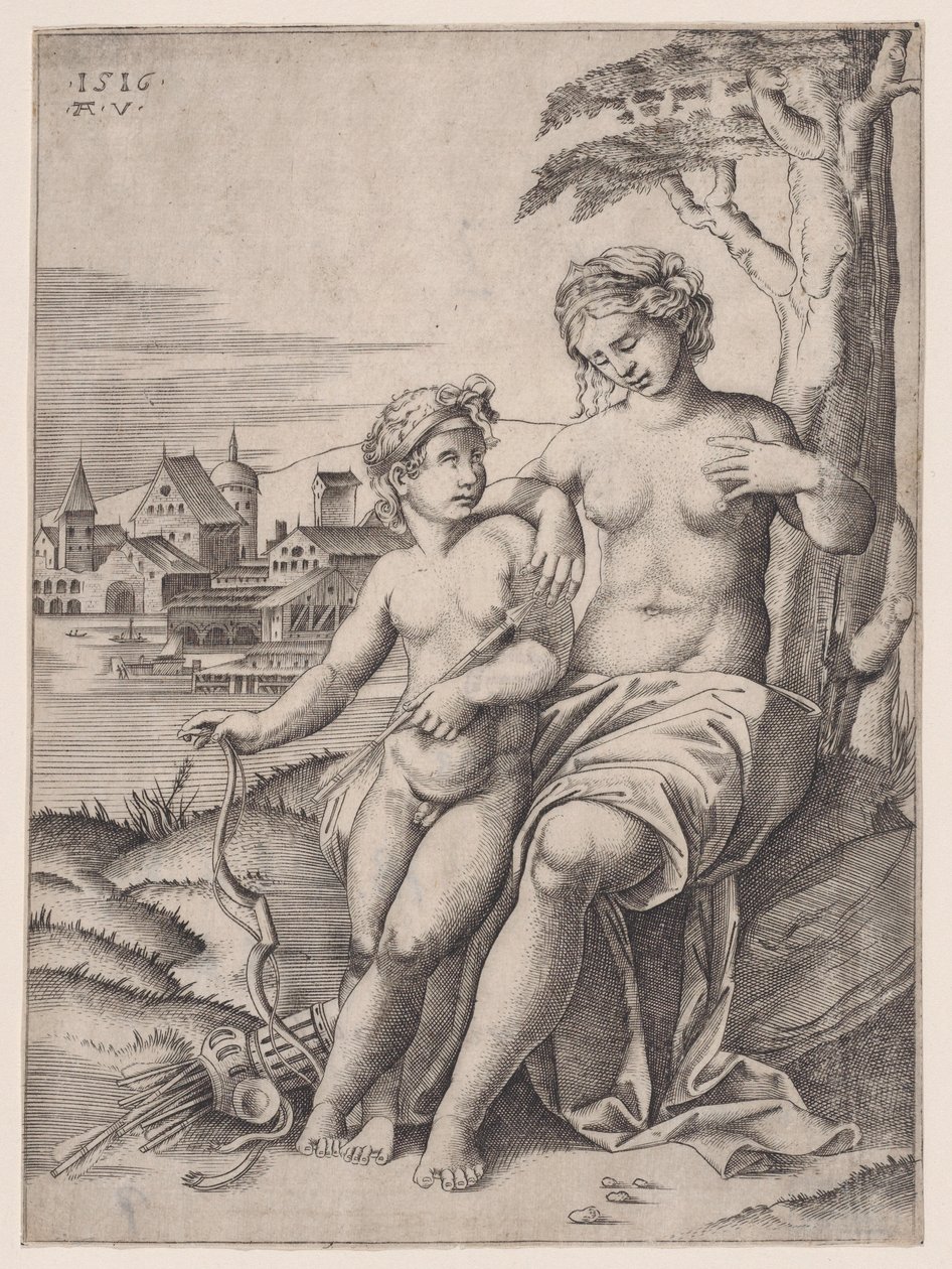 Venus und Eros, datiert 1516 von Agostino Veneziano