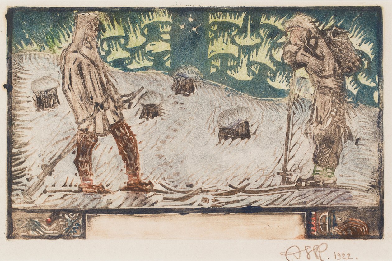 Zwei Skifahrer, Titelvignette für ein Gedicht im Großen Kalevala von Akseli Gallen-Kallela