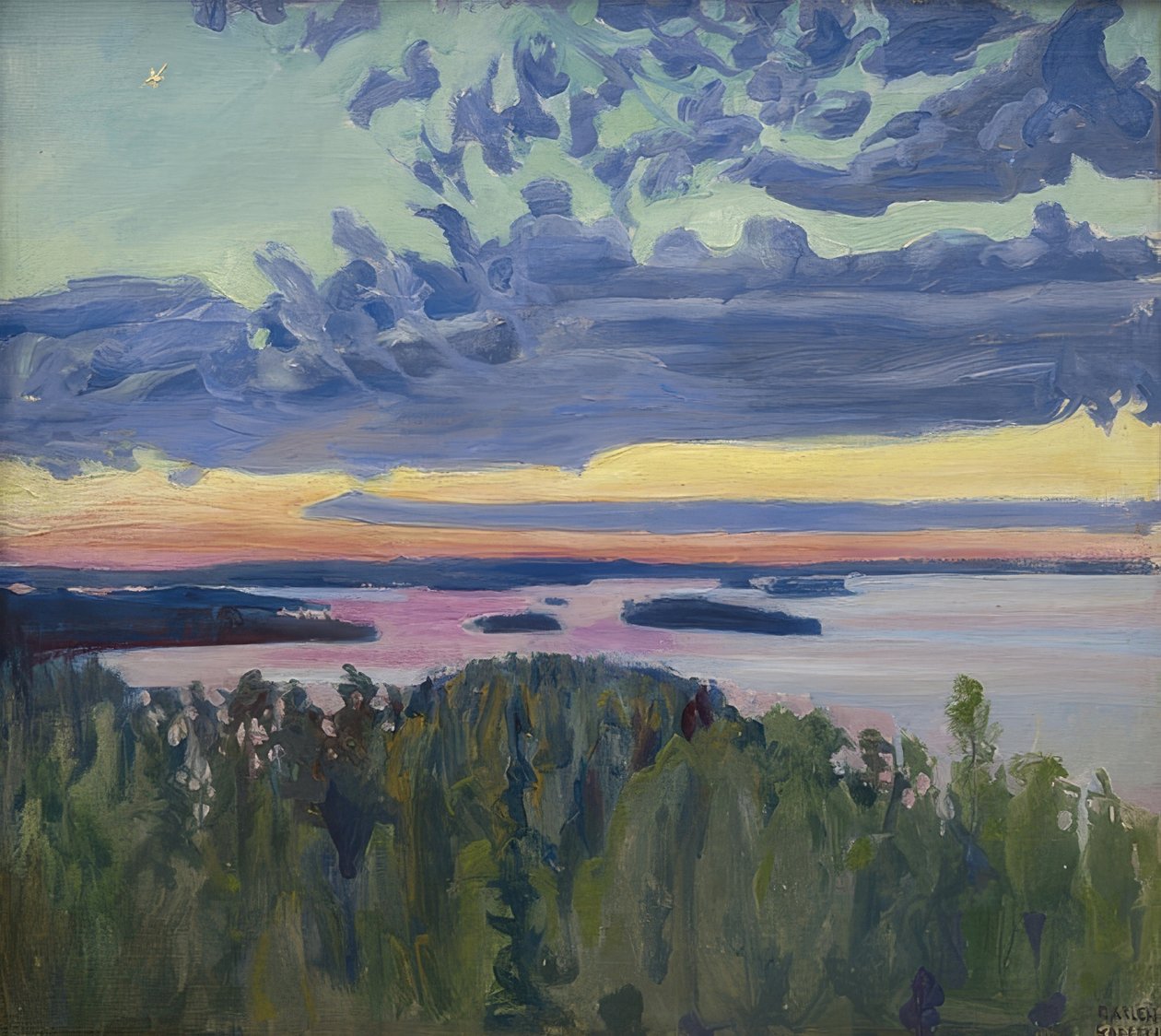 Sonnenuntergang über dem See von Akseli Valdemar Gallen Kallela