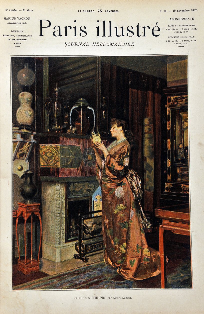 Chinesische Schmuckstücke. Eine europäische Frau, gekleidet im orientalischen Stil, betrachtet ihre Sammlung chinesischer Objekte. Illustration von Albert Aublet (1851-1938). Gravur von 1887 in „Paris-Illustrous journal weekly“. von Albert Aublet