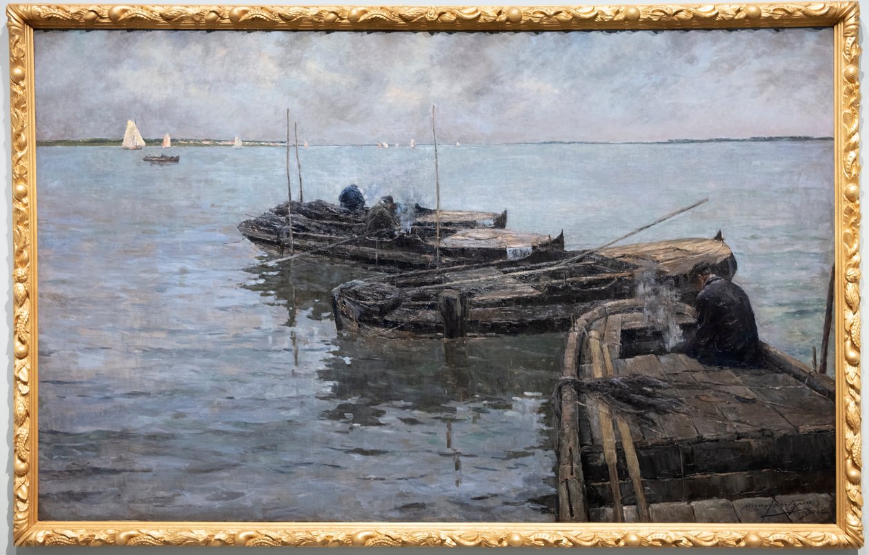 An der unteren Schelde, letzte Strahlen, Fischer vertäut von Albert Baertsoen