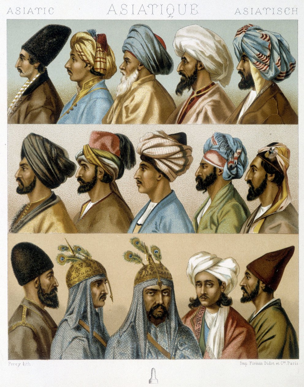 Asiatische Männerfrisuren - in „Le costume historique“ von Racinet, Ende des 19. Jahrhunderts von Albert Charles August Racinet