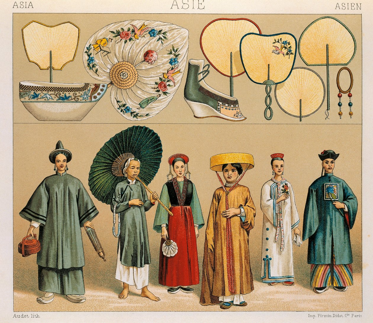 Kleidung chinesischer Frauen und der Region Tartary, Illustration aus Die vollständige Kostümgeschichte von Auguste Racinet von Albert Charles August Racinet