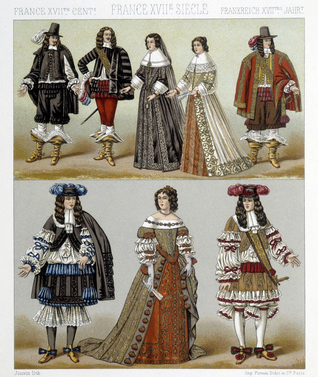 Kostüme des Adels in Frankreich im 18. Jahrhundert. Illustration in „Le costume historique“ von Racinet von Albert Charles August Racinet