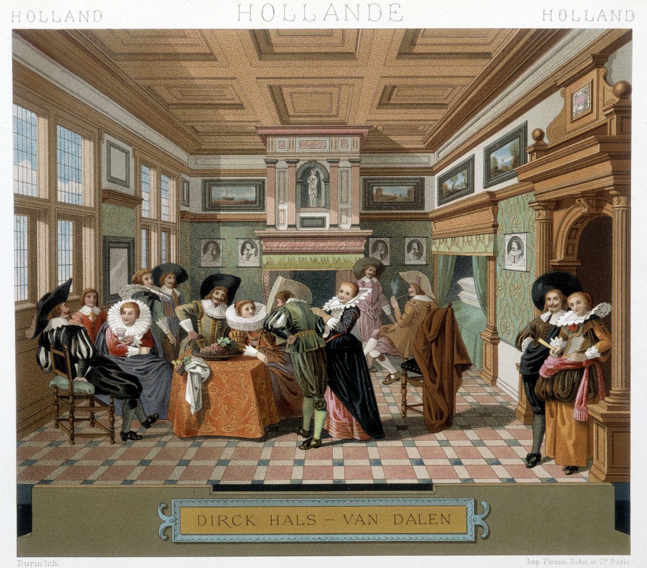 Niederländer in Kostümen und in einem Interieur des 18. Jahrhunderts. Illustration in „Le costume historique“ von Racinet von Albert Charles August Racinet
