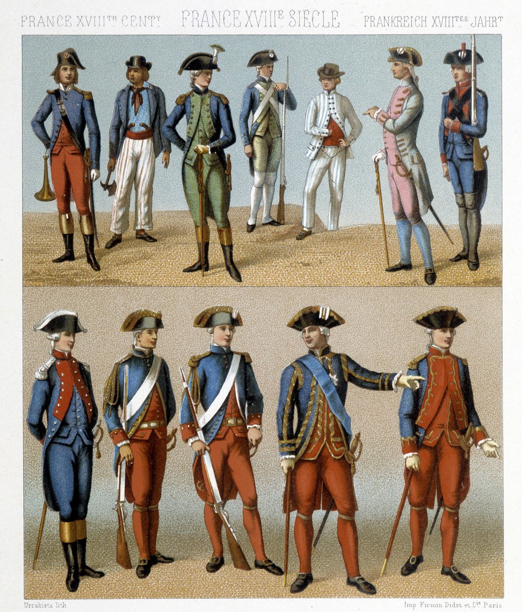Französische Militärkostüme im 18. Jahrhundert. Illustration in „Le costume historique“ von Racinet von Albert Charles August Racinet