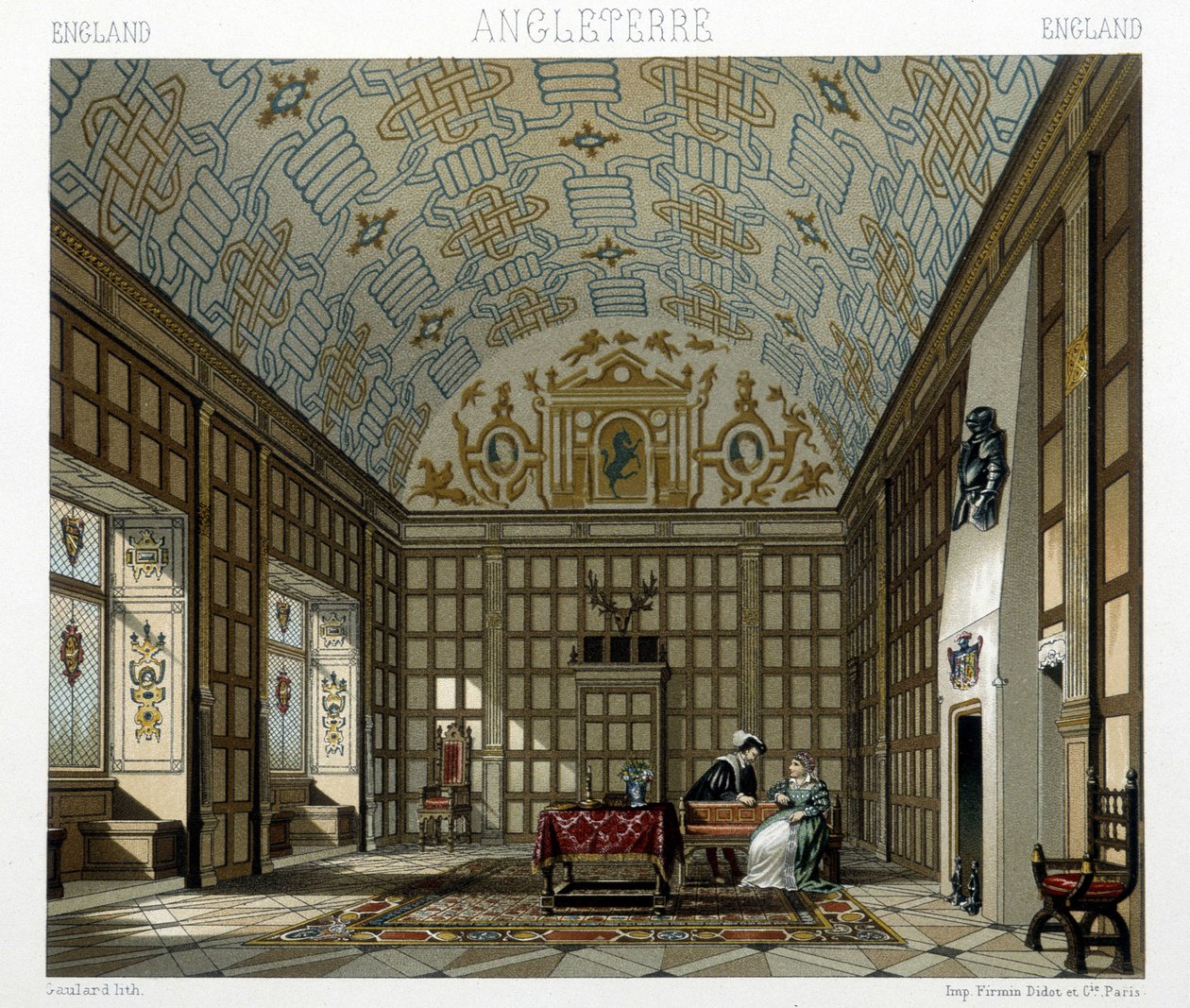Innenraum eines herrschaftlichen Hauses in England im 17. Jahrhundert. Illustration in „Le costume historique“ von Racinet von Albert Charles August Racinet