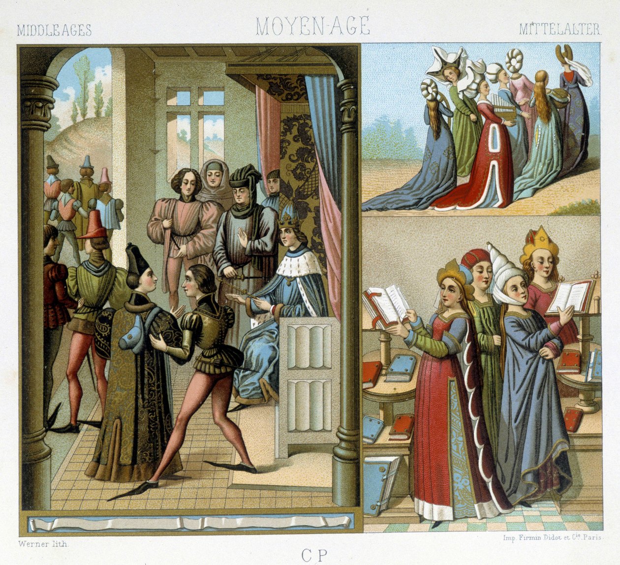 Mittelalter: der königliche Hof, die edlen Damen, die gebildeten Damen - in „The historical costume“ von Racinet von Albert Charles August Racinet