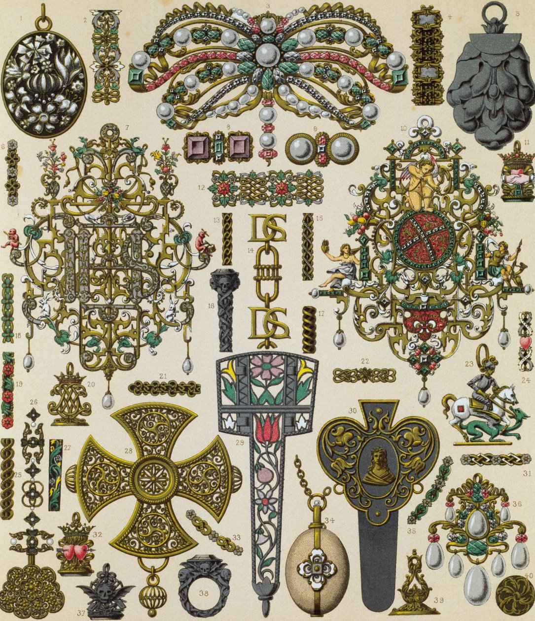 Schmuck des 17. Jahrhunderts, Lithographie von Schmidt veröffentlicht in Le costume historique, Band V von Albert Charles August Racinet