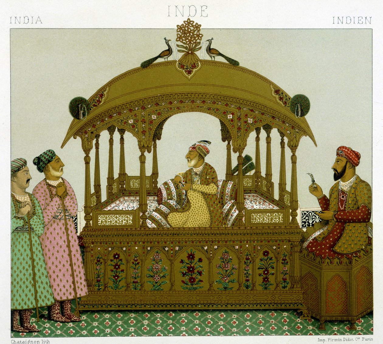 Thron der Mugol-Kaiser. Chromolithographische Platte - in „Le costume historique“ von Racinet von Albert Charles August Racinet