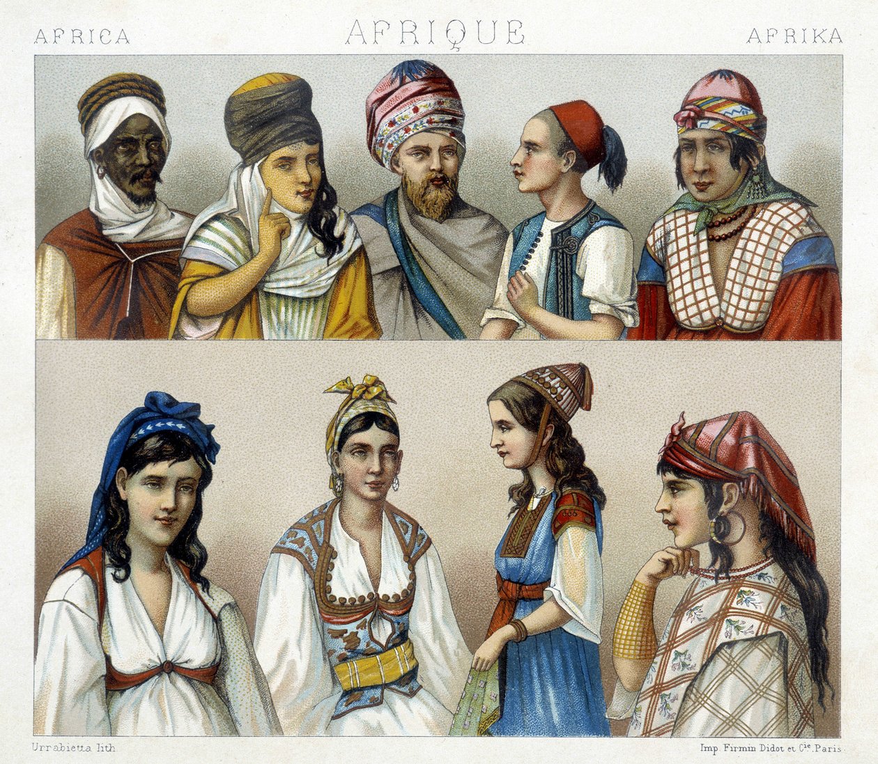 Traditionelle Kostüme und Kopfbedeckungen von Männern und Frauen in Algerien. Illustration in „Le costume historique“ von Racinet von Albert Charles August Racinet