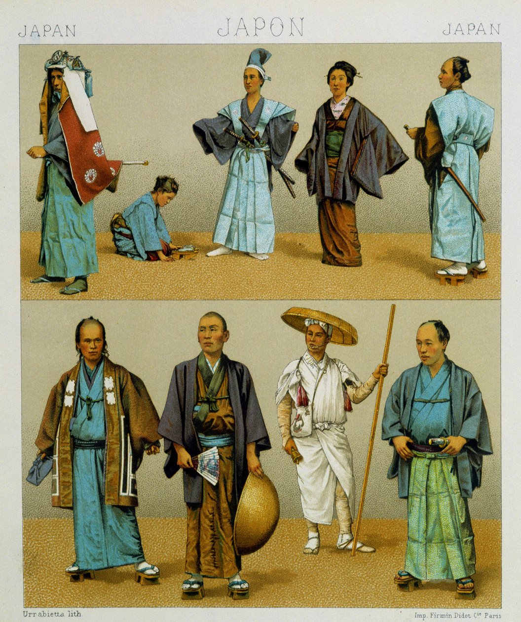 Verschiedene traditionelle japanische Männerkostüme einschließlich Kimono. Chromolithographische Platte - in „Le costume historique“ von Racinet von Albert Charles August Racinet