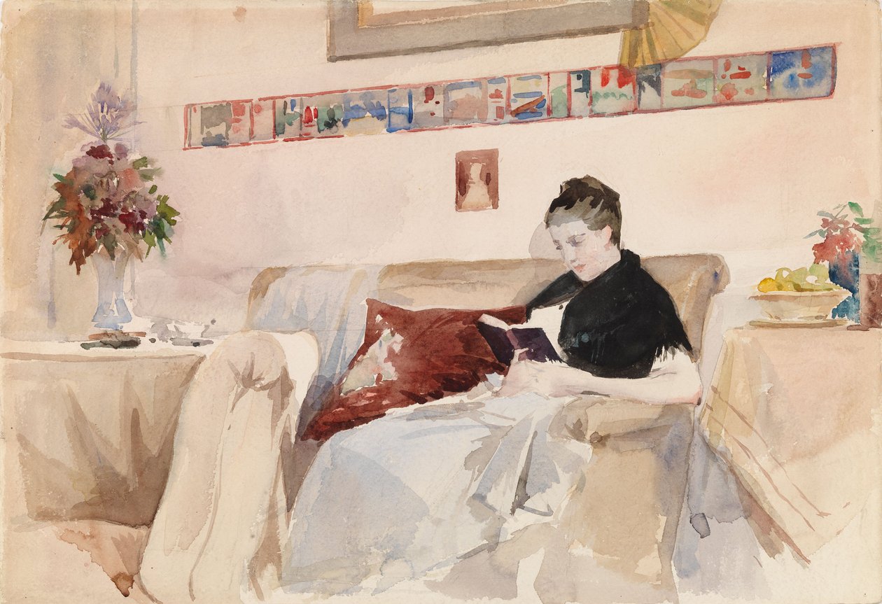 Künstlerfrau liest auf dem Sofa von Albert Edelfelt