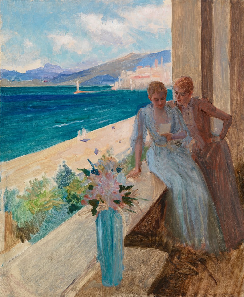 Die Frau des Künstlers und Emilia von Etter auf einem Balkon in Cannes von Albert Edelfelt