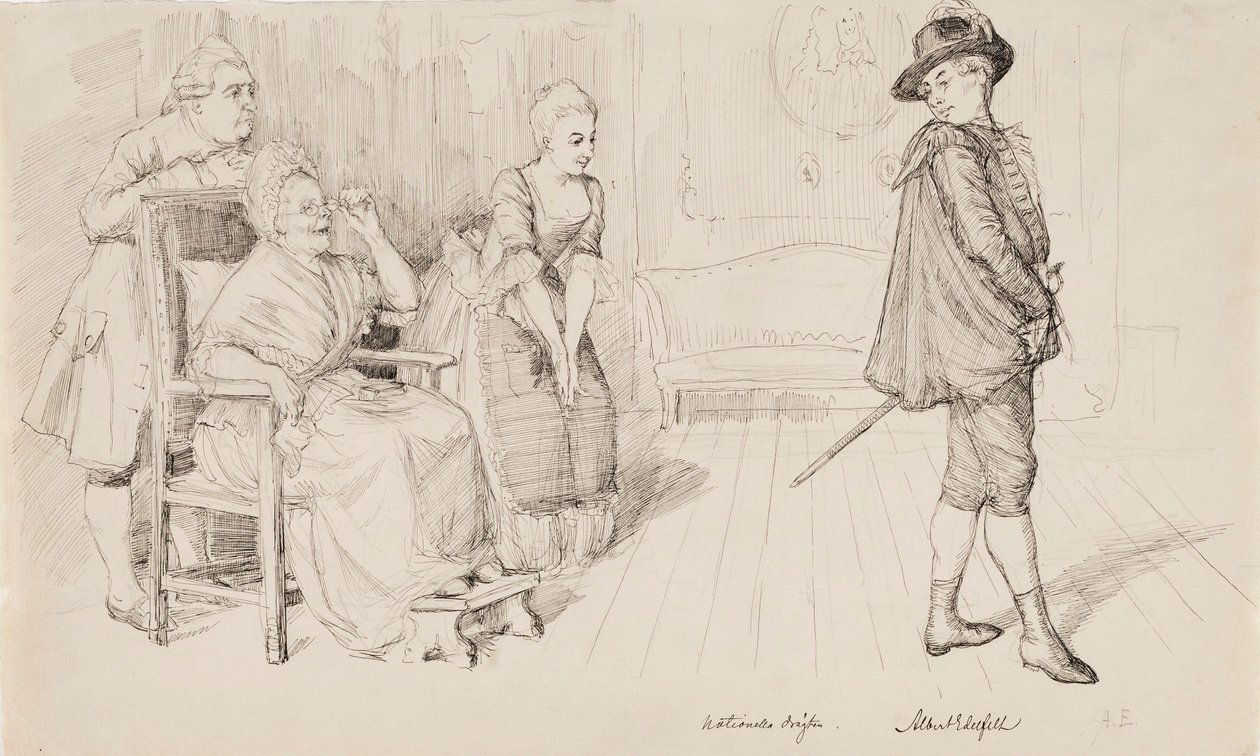 „Die neue schwedische Tracht“, Illustration zu Carl Snoilskys Svenska bilder, das Gedicht „Vierzig Jahre später“ von Albert Edelfelt