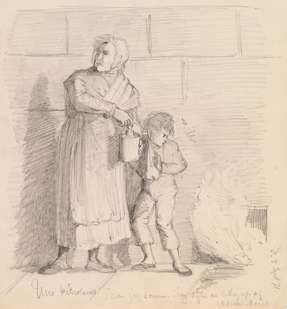 Eine Pétroleuse, Skizze nach einem Lithograph von Adrien Marie von Albert Edelfelt
