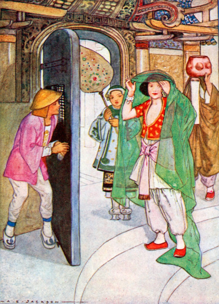 Die Prinzessin hob ihren Schleier und gab Aladdin so die Gelegenheit, ihr Gesicht zu sehen von Albert Edward Jackson